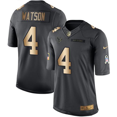 Nike Texans #4 Deshaun Watson Black Youth Stitched NFL Limited Gold Salute to Service Jersey - Click Image to Close